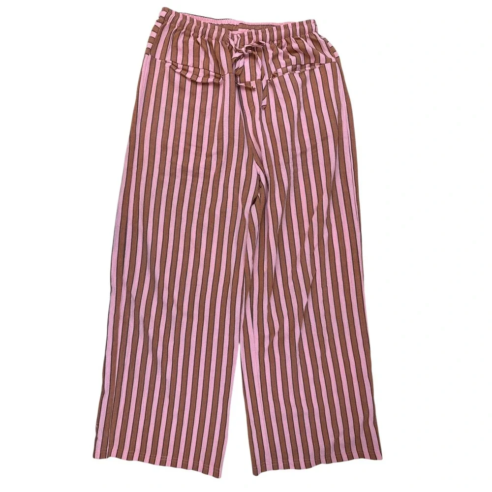 Boho Striped Wide Leg Cotton Pants Pink Brown Drawstring Medium Unbranded